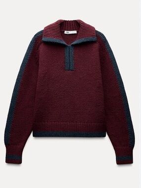 Zara Burgundy and Navy Contrast Half-Zip Sweater